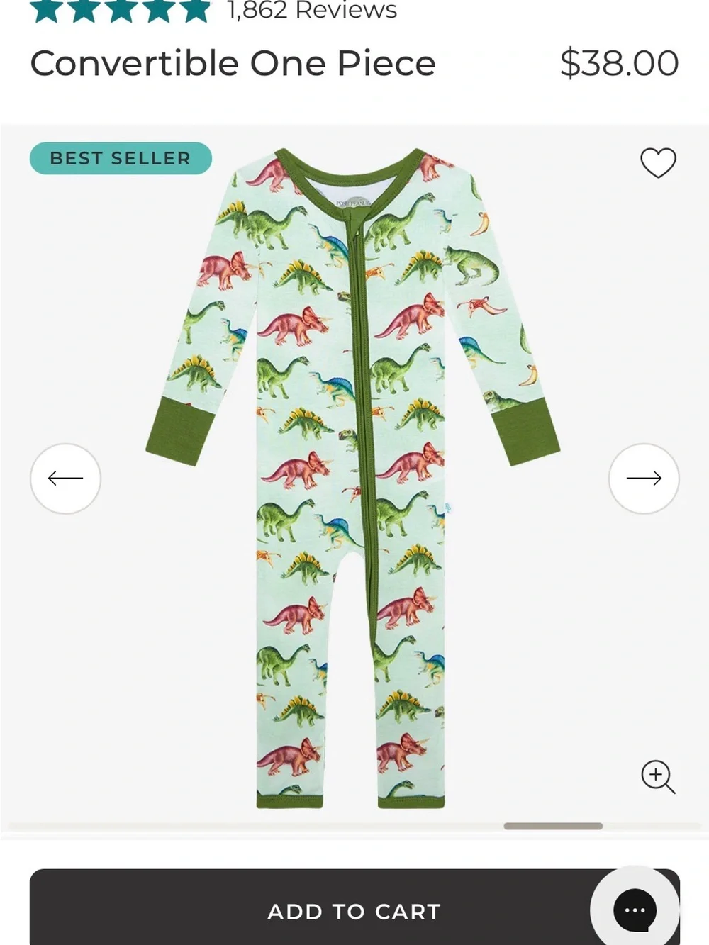 Posh Peanut Green Dinosaur Print Convertible One Piece Pajamas